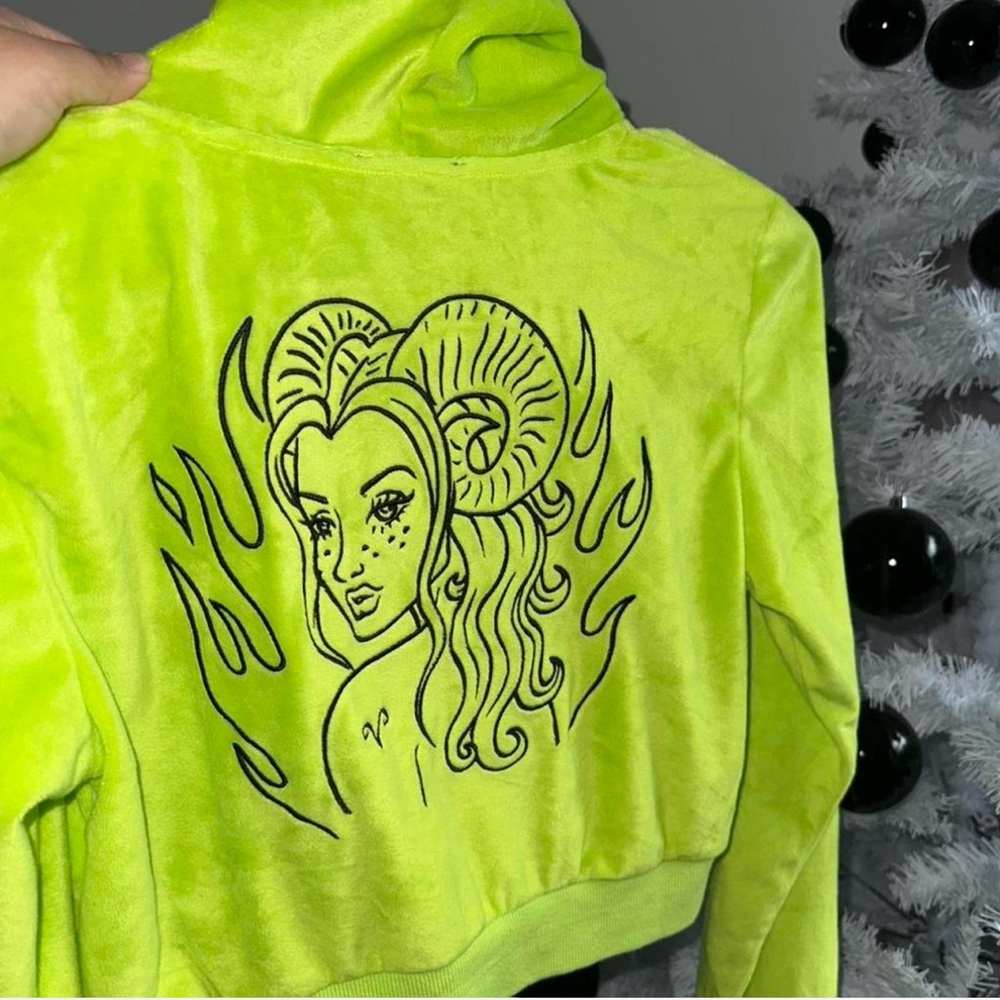 Dolls Kill Horoscopez Neon Green Velour Zip-Up Aries Hoodie with Graphic Back